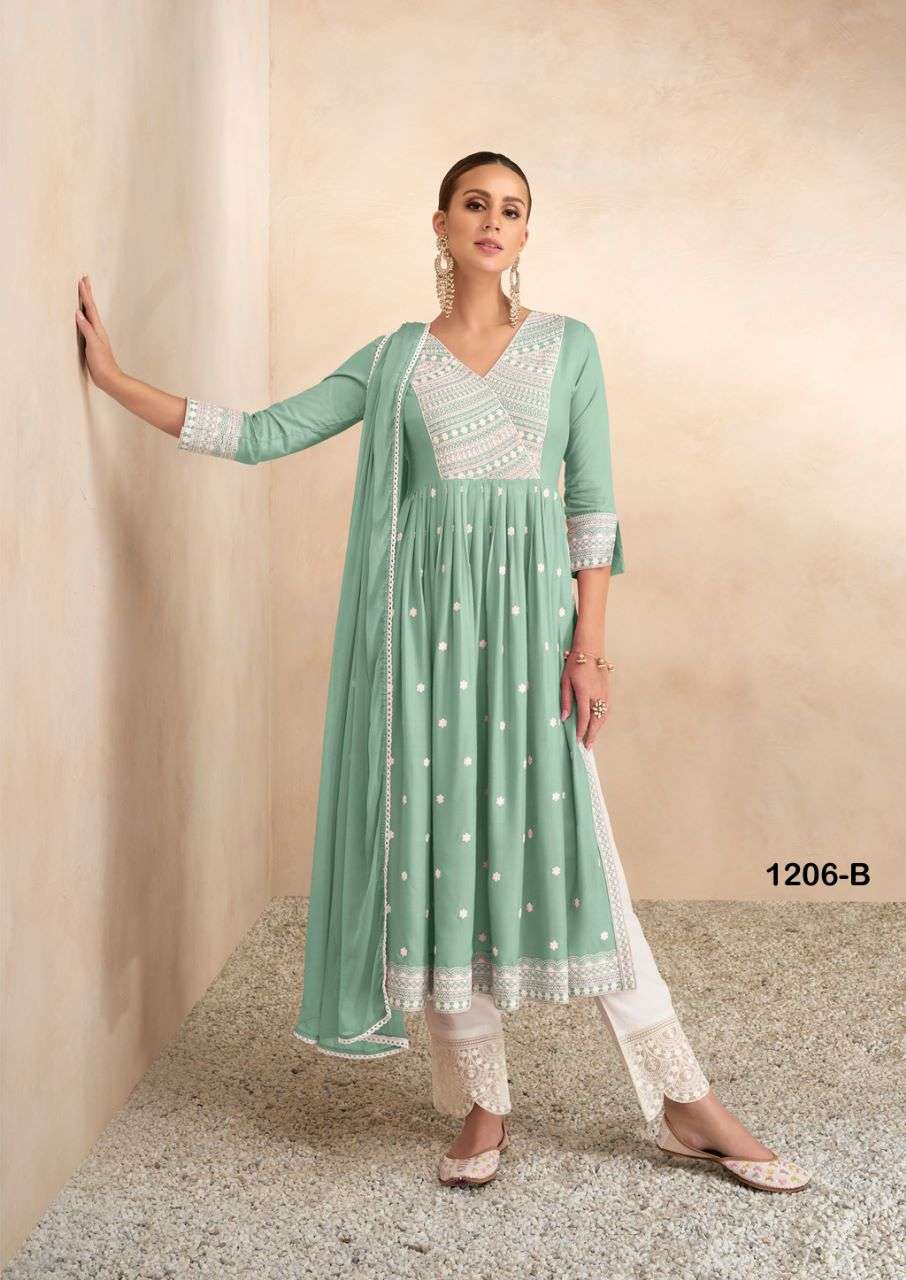 AADHIRA VOL 4 LIGHT COLOR  REYON VISCOS FRNT AND BACK LAKHNAWI WORK NAYRA CUT KURTI WITH COTTON PANT AND NAZMIN DUPATTA BY VAMIKA BRAND 1206 B